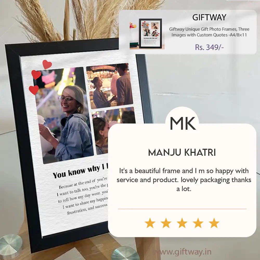 Product Feedback: Customer testimonials showcasing satisfaction with Gift way custom photo frames, highlighting reasons to purchase, such as quality and personalization.
