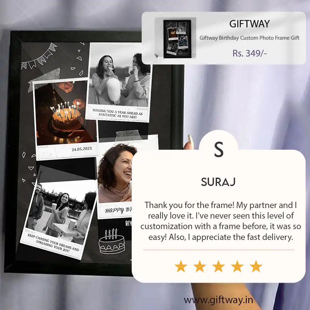Product Feedback: Customer testimonials showcasing satisfaction with Gift way custom photo frames, highlighting reasons to purchase, such as quality and personalization.