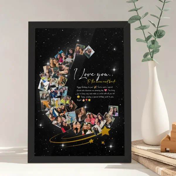 Giftway Moon with Star Collage Frame | Custom Black Moon Shape Frame | Perfect Gift for Weddings | Marriage Functions, Anniversary, or Husband’s Birthday | Unique Wedding Gift for Newly Married Couples