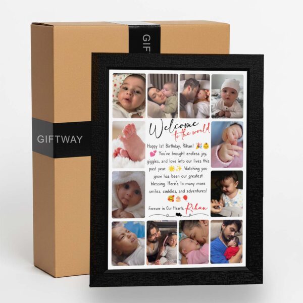 Giftway Personalised Baby Frame with 12 Custom Images & Text - Baby Naming Ceremony Gifts, Newborn Baby Boy Gifts, or Perfect Keepsake for Baby Boys 0-12 Months