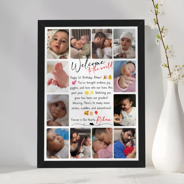 Giftway Personalised Baby Frame with 12 Custom Images & Text - Baby Naming Ceremony Gifts, Newborn Baby Boy Gifts, or Perfect Keepsake for Baby Boys 0-12 Months