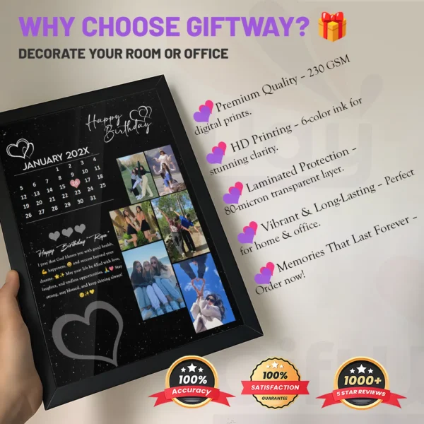 Giftway Customised Black Heart Shape Photo Frame, Personalised Anniversary or Birthday Gift with Photos, Names, and Wishes for Wife, Husband, Boyfriend, Girlfriend