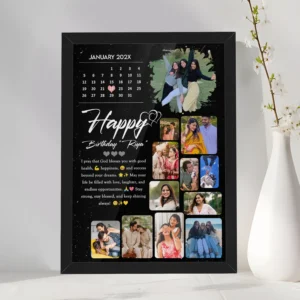 Giftway Personalised Wooden Black Calendar Collage Photo Frame for Anniversary & Birthday Gift Customised Photo Frame with Names, Dates, and Wishes for Wife, Husband, Boyfriend