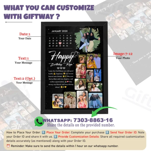 Giftway Personalised Wooden Black Calendar Collage Photo Frame for Anniversary & Birthday Gift Customised Photo Frame with Names, Dates, and Wishes for Wife, Husband, Boyfriend
