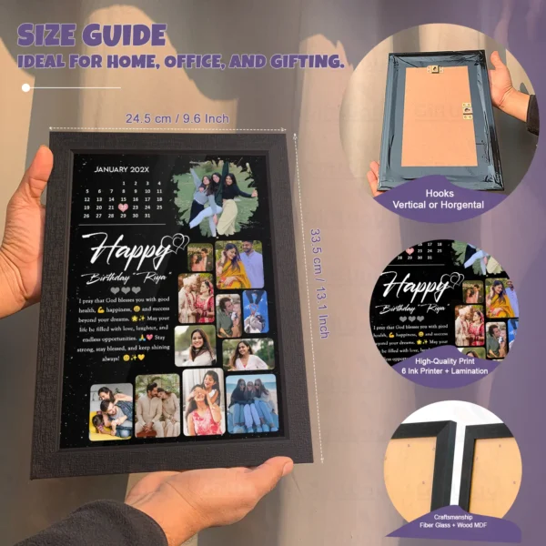 Giftway Personalised Wooden Black Calendar Collage Photo Frame for Anniversary & Birthday Gift Customised Photo Frame with Names, Dates, and Wishes for Wife, Husband, Boyfriend
