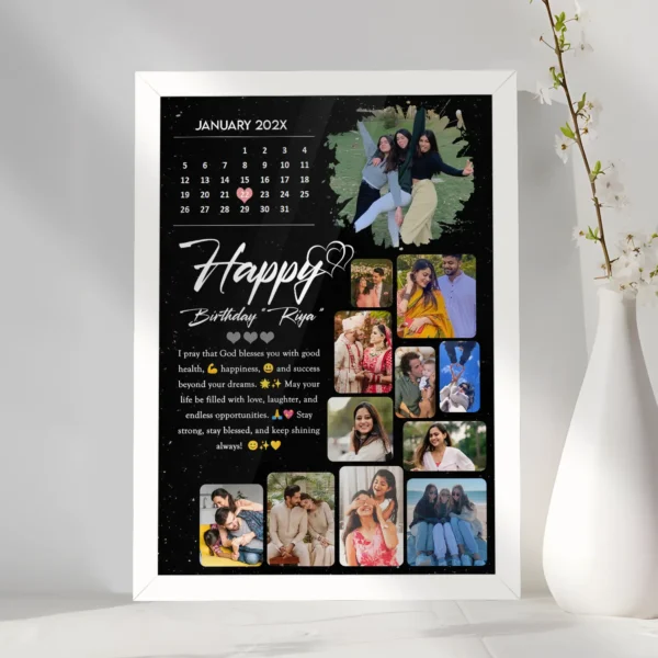 Giftway Personalised Wooden Black Calendar Collage Photo Frame for Anniversary & Birthday Gift Customised Photo Frame with Names, Dates, and Wishes for Wife, Husband, Boyfriend