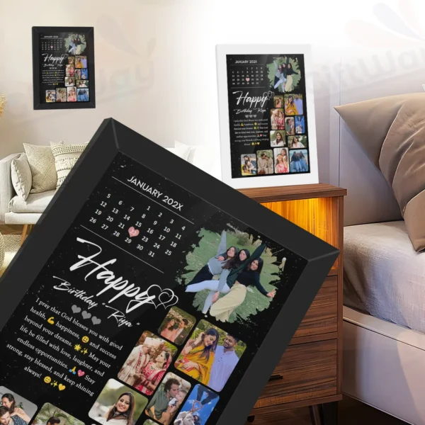 Giftway Personalised Wooden Black Calendar Collage Photo Frame for Anniversary & Birthday Gift Customised Photo Frame with Names, Dates, and Wishes for Wife, Husband, Boyfriend