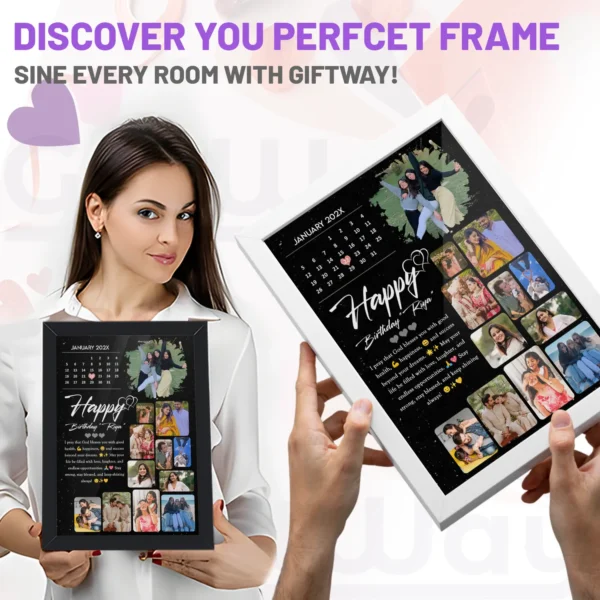 Giftway Personalised Wooden Black Calendar Collage Photo Frame for Anniversary & Birthday Gift Customised Photo Frame with Names, Dates, and Wishes for Wife, Husband, Boyfriend