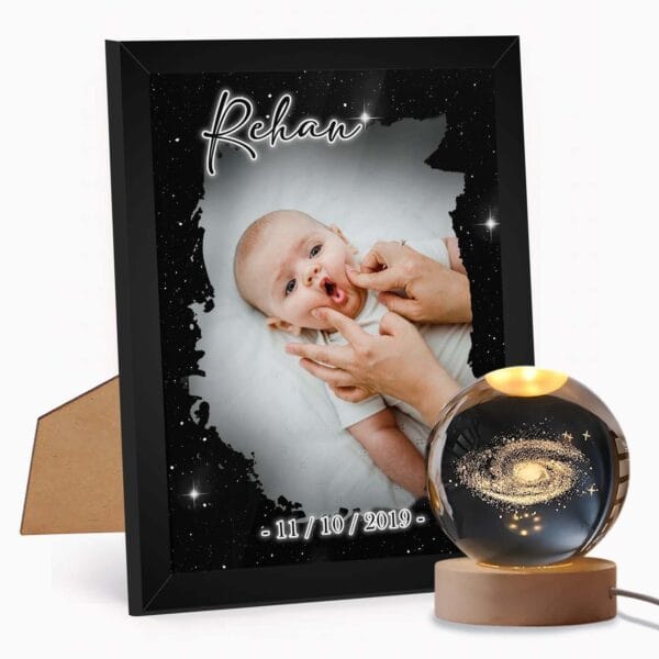 Giftway Wood Baby Frame with 3D Crystal Lamp | Frame Includes Name, Wish Text, & 1 Custom Image | Perfect 1st Birthday, New Born Baby Boy Gifts, Baby Naming Ceremony Gifts | Pack of 2