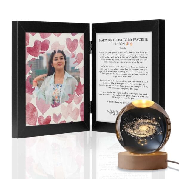 Giftway Folding Photo Frame with 3D Crystal Lamp | Custom Image, Name & Long Wish Text | Birthday Gift for Girlfriend, Friendship Gift, Unique Birthday Gift for Men – Pack of 2