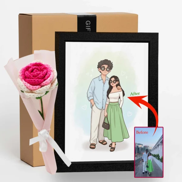 Giftway Custom Chibi Photo Frame & Crochet Rose - New Year Gifts For Bestie, Valentine Gift For Girlfriend, Gifts For Women - 13.1x9.6 Inch